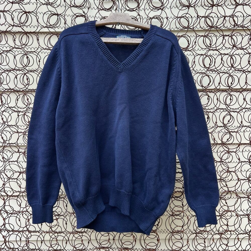 Vintage 90s Lands' End Navy Blue V-Neck Knit Grandpa Sweater Cozy XL TALL